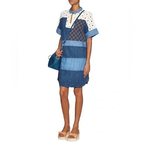 Sea New York Patchwork Cotton Denim And Lace Oversized Mock Neck Mini Dress sz 4 - Picture 2 of 11